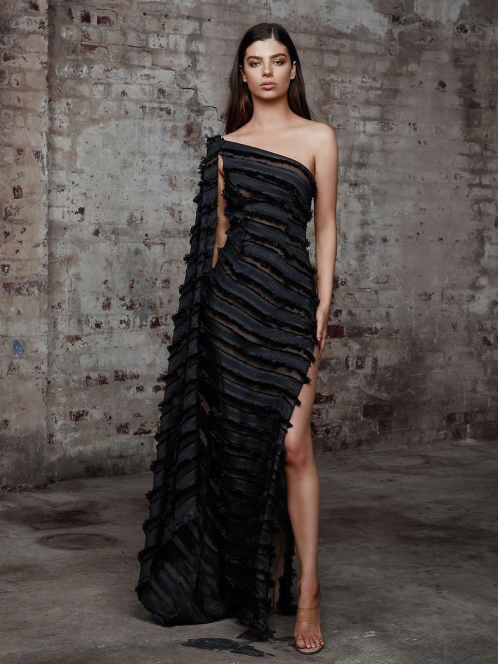 Lexi Bowery Dress One Shoulder Black Ruffle Gown